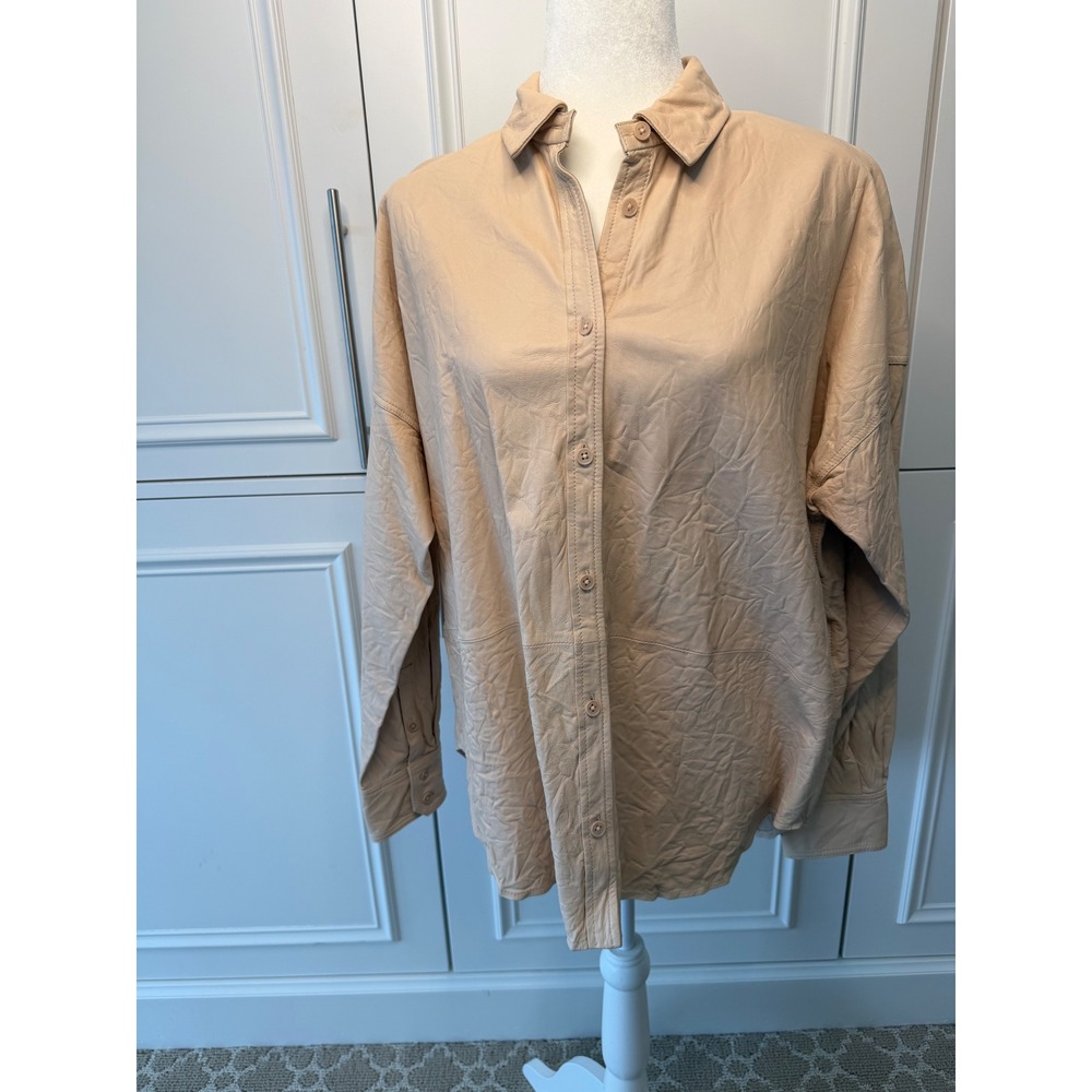 Zadig & Voltaire Tamara Leather Shirt Womens S Beige Poudre NWT Crinkled $798